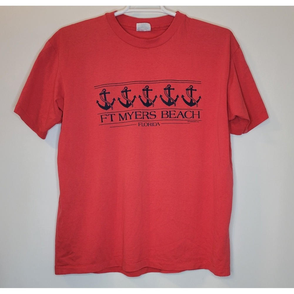 Ft Myers Beach Florida Anchor Single Stitch T Shirt Vintage 90s Made USA Red XL